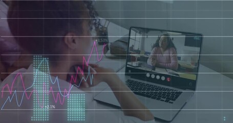 Poster - Woman launching web conference and greeting colleague while business data charts overlaying screen