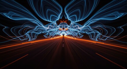 Poster - Dynamic Fractal Pattern with Orange Light Trails Abstract Design Represents Future Innovation Technology Background