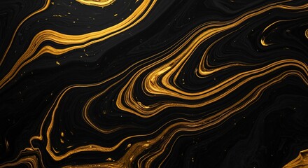 Poster - Luxury Swirls of Golden Ink on Black Marble Background Elegant Texture for Premium Designs