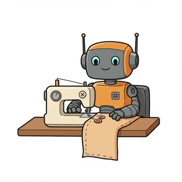 Cute Orange Robot Sewing on a Beige Fabric
