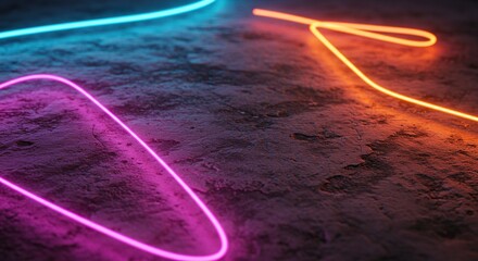 Poster - Abstract Neon Glow Lines on Dark Concrete Surface Background Conceptual Theme and Modern Art Style Presentation