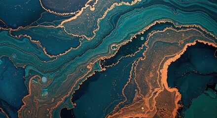 Poster - Abstract Teal and Gold Fluid Acrylic Pour Painting with Glittering Effects High-Resolution Artistic Luxury Design