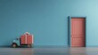© Orawan - A teal room with a closed salmon colored door and a toy truck carrying a large gift