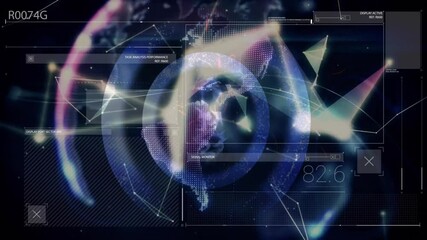 Poster - On data panels fading in, holographic globe forming and rotating above hand monitoring performance