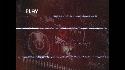 Poster - Static bands glitching HUD while PLAY tag holding, gauges pulsing charts simulating retro feedback
