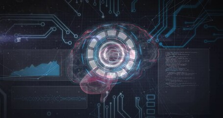 Aufkleber - Upon loading translucent brain, initiating data display with rotating HUD ring, populating panels