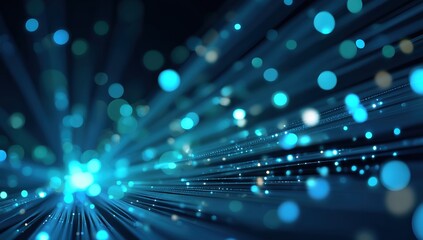 Poster - Abstract fiber optic communication technology background with glowing blue light rays and bokeh effects, digital data transmission concept in 3D rendering illustration style