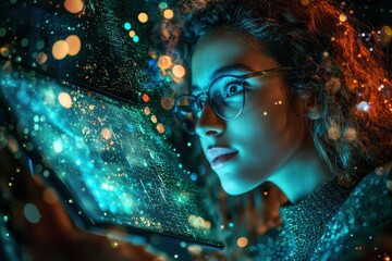 woman exploring digital data on tablet