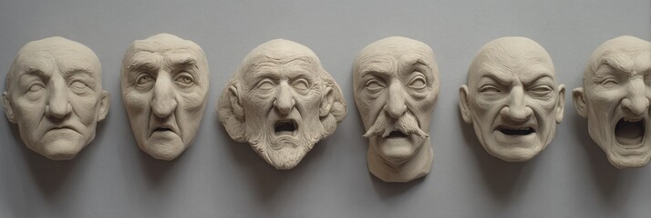 Poster - Blended Dual Expressions Displayed on 3D Clay Faces Showcasing Diverse Emotions and Intricate Details