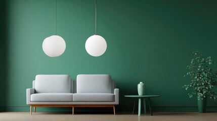 Poster - Clean interior design with two white sphere lamps on rich green wall for a minimalist look