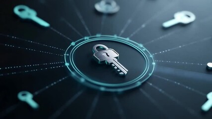 Poster - Cybersecurity and Data Protection: An abstract composition of digital keys and a central lock symbolizing data security and network access