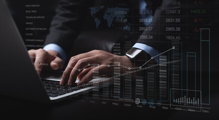 Poster - Businessman, finance analyst analyzing financial report with stock market analysis. Business strategy. planning and solution, risk management for business success, finance and investment background