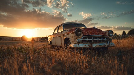 Aufkleber - Aged rusty vintage car sits alone in golden field as sunset bathes the scene in warm hues