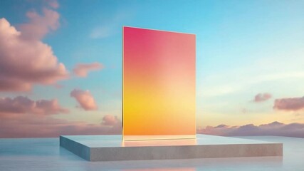 Aufkleber - Vibrant Portal: A radiant gradient rectangle stands on a minimalist pedestal, set against the backdrop of a dreamy sky, creating a surreal and captivating visual