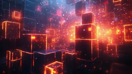 Poster - Cybernetic Cube Abstract: Immersive visualization of glowing cubes and particles, depicting a complex digital realm, perfect for modern technology and innovation concepts.
