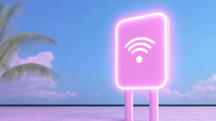 Poster - Digital Oasis: A glowing wifi symbol sign signals connectivity, painted against an atmospheric backdrop of clouds and a hint of blue, this image epitomizes the essence of digital freedom.