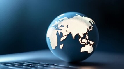 Poster - Global Connection: A stunning 3D render showcasing the earth's globe placed on a modern computer, representing the seamless flow of information and interconnectedness of our world.