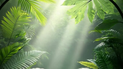 Poster - Sunlit Canopy: Sunlight streams through the lush green foliage, illuminating the vibrant details of tropical leaves in a serene and natural scene, a symphony of light and shadows.