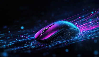 Fototapete - A computer mouse with an electric glow, set against the backdrop of blue and purple light rays representing fast web transfer speed.