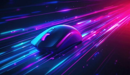 Fototapete - A computer mouse with an electric glow, set against the backdrop of blue and purple light rays representing fast web transfer speed.