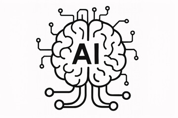 Fototapete - A stylized brain with ai text inside and circuit connections in black and white illustration style
