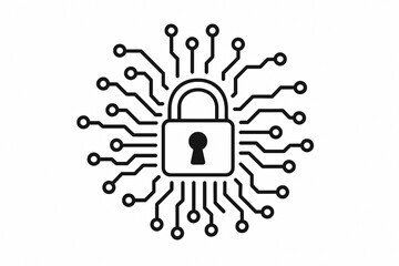 Fototapete - A stylized black and white image of a padlock surrounded by circuit board connections and nodes