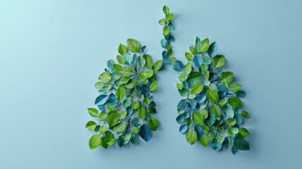 Poster - Lungs Represented by Lush Green Leaves on a Clean Blue Gradient Background Highlighting the Beauty of Nature and Health