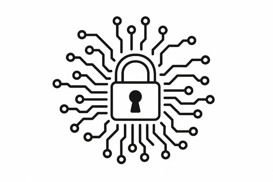 A stylized black and white image of a padlock surrounded by circuit board connections and nodes