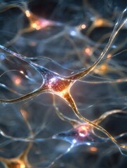 Poster - Close-up Abstract Representation of Synaptic Connections Showing Light Pulses in Neural Space