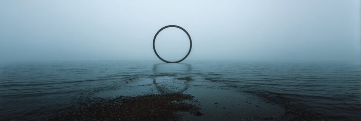Poster - Broken Circle of Breathing Guides Stands on the Quiet Water at Dawn, Fading Into the Soft Silence of the Morning Mist