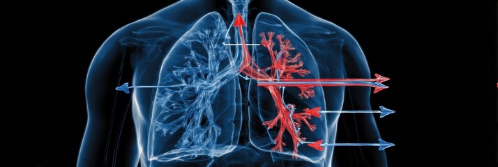 Poster - Anatomical Lung Diagram Illustrating Air Flow With Arrows Showing Inhalation and Exhalation Processes in Human Lungs