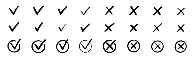 Poster - Check tick mark icon set. Cross box x check mark checkbox v list vector draw hand drawn sketch doodle brush marker checklist symbol wrong right circle. Vector Illustration