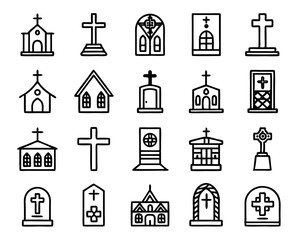 thin line art icon of a catholic church interior isolated on transparent background