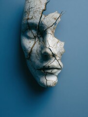 Poster - Cracked Porcelain Face With Lightning Crack Set Against a Plain Blue Background Highlighting Fragility and Artistic Expression