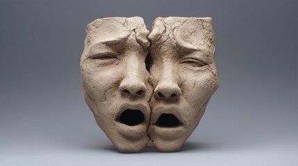 Poster - Blended Dual Expressions on a Textured 3D Clay Face Showcasing Raw Emotions and Artistry