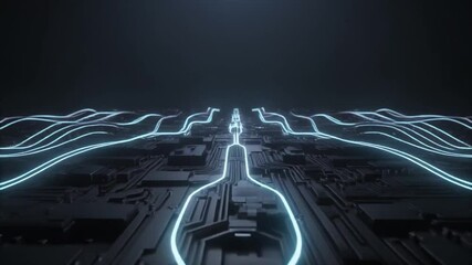 Poster - Futuristic Digital Technology Featuring Glowing Lines Flowing Seamlessly Across Dark Circuit Board with Neon Energy and Innovation in Electronic Computer Environment