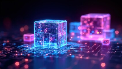 Poster - 3D rendering of glowing holographic cubes interconnected with digital circuit boards and network lines on dark background, abstract geometric design in blue, pink, and purple neon colors with light ef