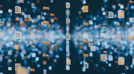 Poster - Digital Data Cascade: An abstract representation of data streaming, showcasing floating documents and files in a dynamic, futuristic digital environment.