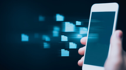 Poster - Digital Data Transfer: A close-up shot of a hand holding a modern smartphone with a blank screen, while file icons are displayed transferring through the air, symbolizing data transmission.