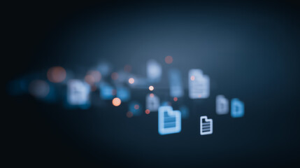 Poster - Data in Motion: Floating data document icon illuminated by blue and white light, symbolizing the fluidity and accessibility of digital files.