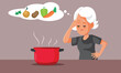 © nicoletaionescu - Forgetful Senior Lady Cooking Soup Vector Cartoon Illustration. Granny trying to remember a recipe for a lunch meal