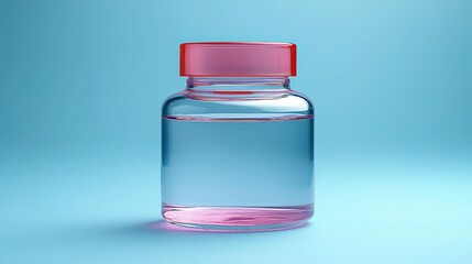 Transparent Glass Jar with Pink Lid and Small Amount of Clear Liquid on Solid Light Blue Background, Simple and Modern for Product Display and Laboratory Sample Themes
