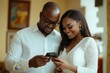 © Silu Sen - Happy couple bonding at home, husband and wife looking at their smartphones together in the living room., Generative AI