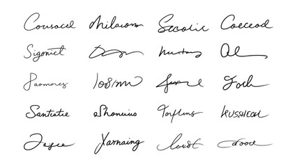 collection of various handwritten signature samples in assorted styles and scripts on white background for identification and design use