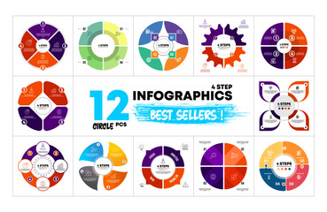 Poster - 12 Circle Vector Infographics Bundle. Presentation 4 option step  slide templates. Circle chart diagrams. Perfect for marketing or business strategy project. vector eps 