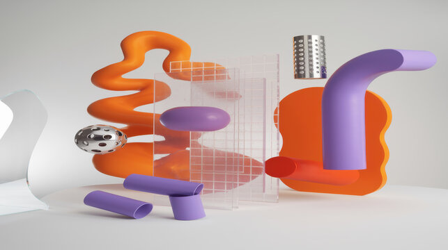 Abstract 3d composition featuring colorful geometric shapes on a white background