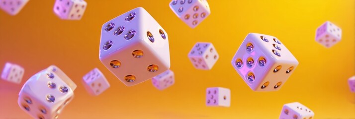 Poster - Frozen Dice Caught Mid-Roll Against a Vibrant Background in a Slow Motion Capture That Showcases Their Playful Nature and Dynamic Movement