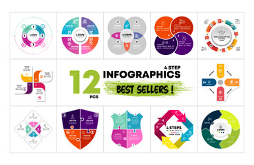 Poster - 12 Circle arrow shape Vector Infographics Bundle. Presentation 4 option step  slide templates. Circle chart diagrams. Perfect for marketing or business strategy project. vector eps 
