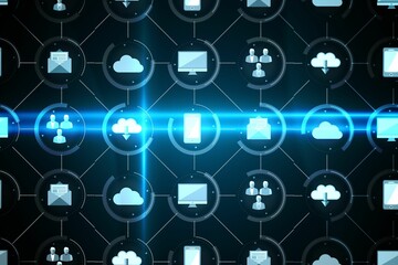 Poster - Service icons are glowing, connecting in dark flat design network via dotted lines, neon beams