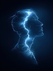Poster - Electric Storm Visualization Representing Stress Overload Within Human Mind Outline in Dark Background